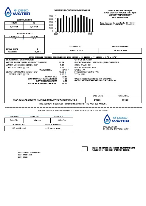 USA Texas El Paso Water business utility bill template in Word and PDF formats